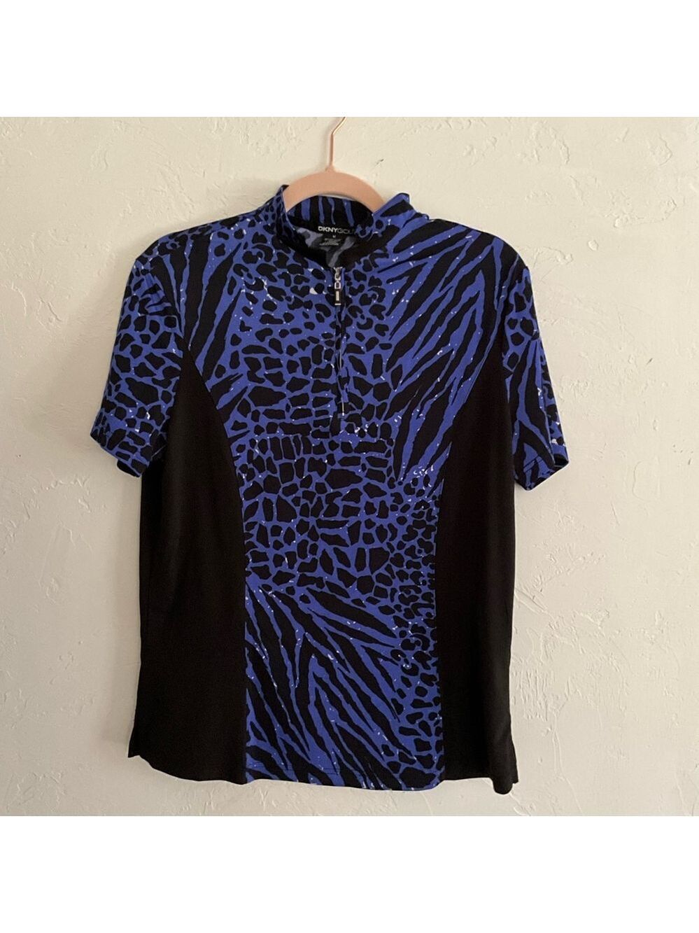 DKNY Golf Blue Animal Print Quarter Zip Polo Top Medium